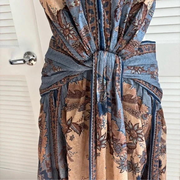 NWOT Zimmermann Beige and Blue Paisley Halter Tie-Waist Maxi Dress - Picture 7 of 12
